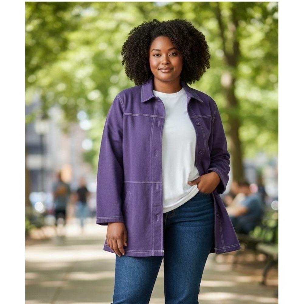 Denim & Co Purple Button Front S Contrast Stitch Chore Coat Mod Jacket Academia
